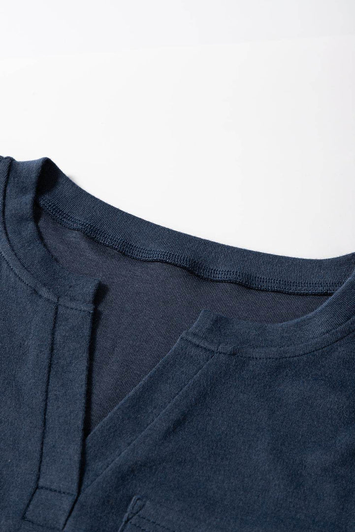 Dirty blue Notch V Neck Pocket Patched Long Sleeve T Shirt - Fashion Queen -  9