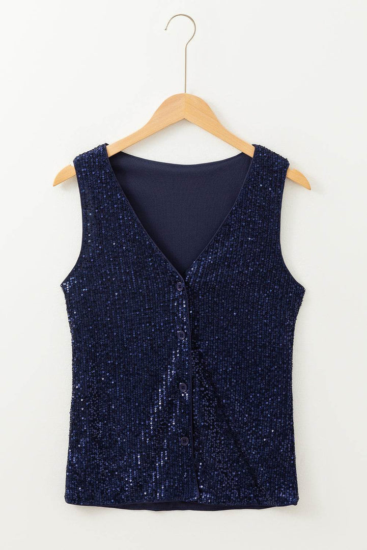Dirty blue Sequined Deep V Neck Buttoned Tank Top - Fashion Queen -  7
