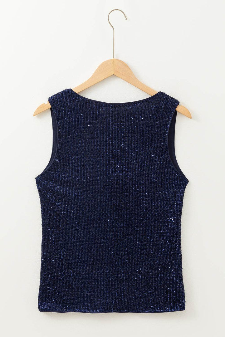 Dirty blue Sequined Deep V Neck Buttoned Tank Top - Fashion Queen -  8