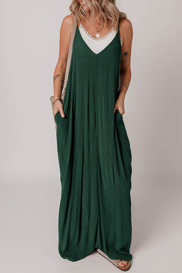 Duffel Green Spaghetti Straps Pocketed Slouchy Maxi Dress - Fashion Queen -  3