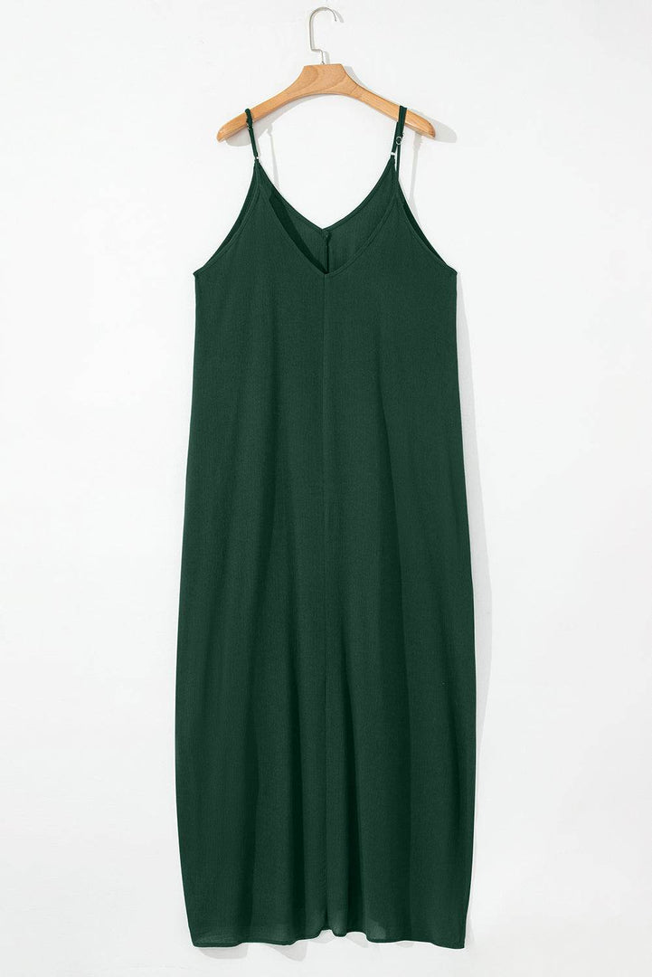 Duffel Green Spaghetti Straps Pocketed Slouchy Maxi Dress - Fashion Queen -  6