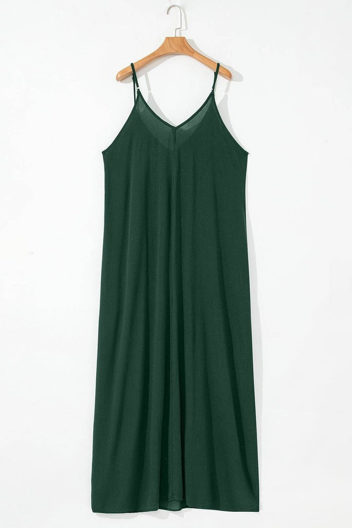 Duffel Green Spaghetti Straps Pocketed Slouchy Maxi Dress - Fashion Queen -  7