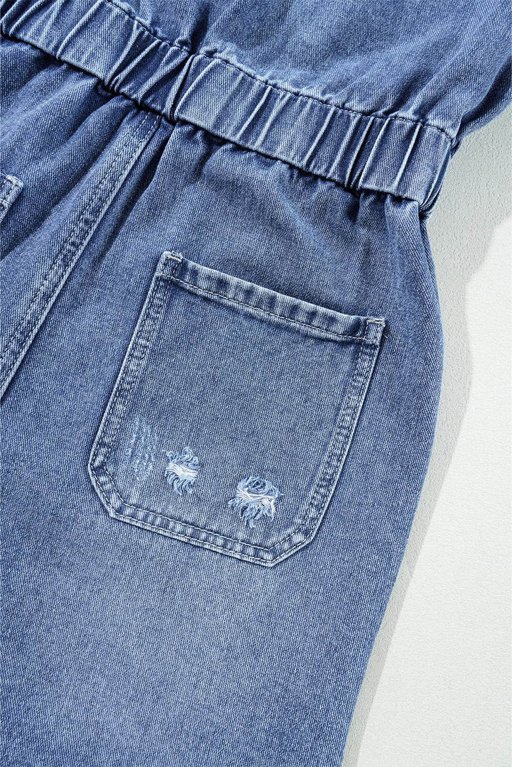 Dusk Blue Chest Pocket Front Buttoned Folded Edge Denim Short Sleeve Romper - Fashion Queen -  11