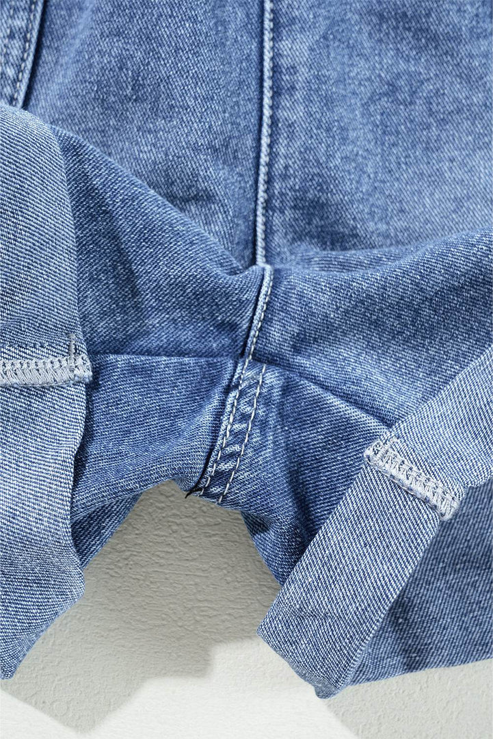 Dusk Blue Chest Pocket Front Buttoned Folded Edge Denim Short Sleeve Romper - Fashion Queen -  12