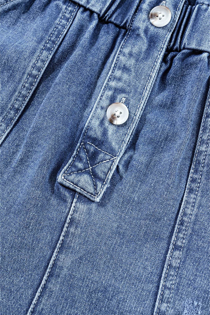 Dusk Blue Chest Pocket Front Buttoned Folded Edge Denim Short Sleeve Romper - Fashion Queen -  13