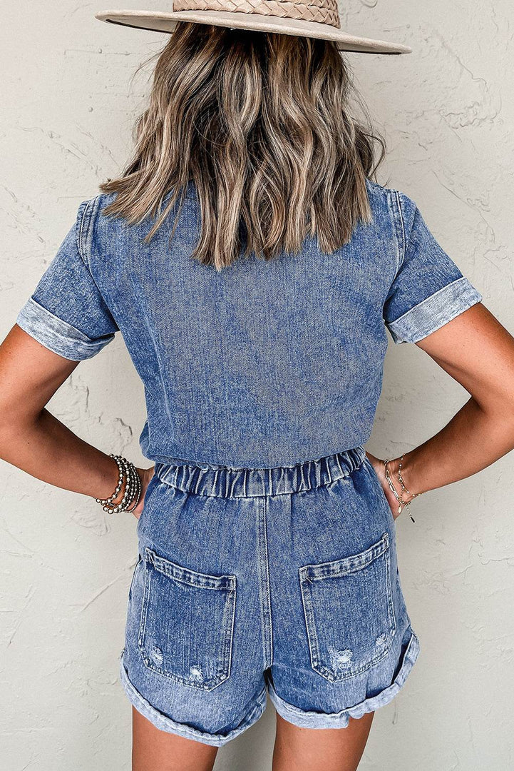 Dusk Blue Chest Pocket Front Buttoned Folded Edge Denim Short Sleeve Romper - Fashion Queen -  2