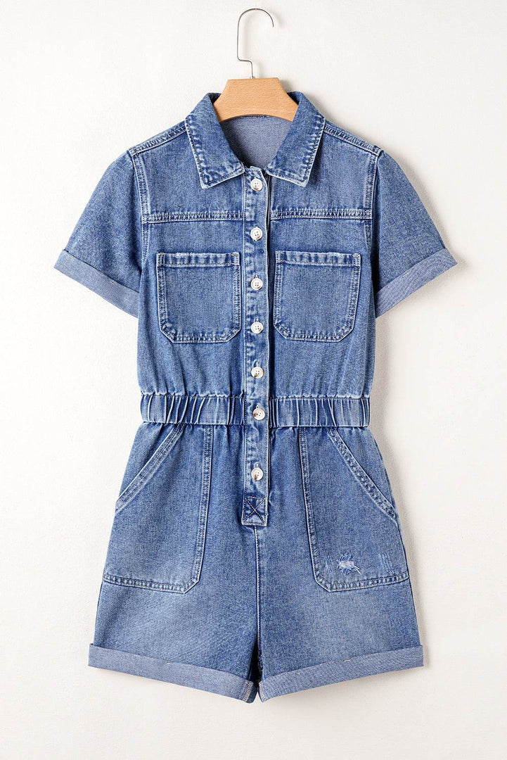 Dusk Blue Chest Pocket Front Buttoned Folded Edge Denim Short Sleeve Romper - Fashion Queen -  4
