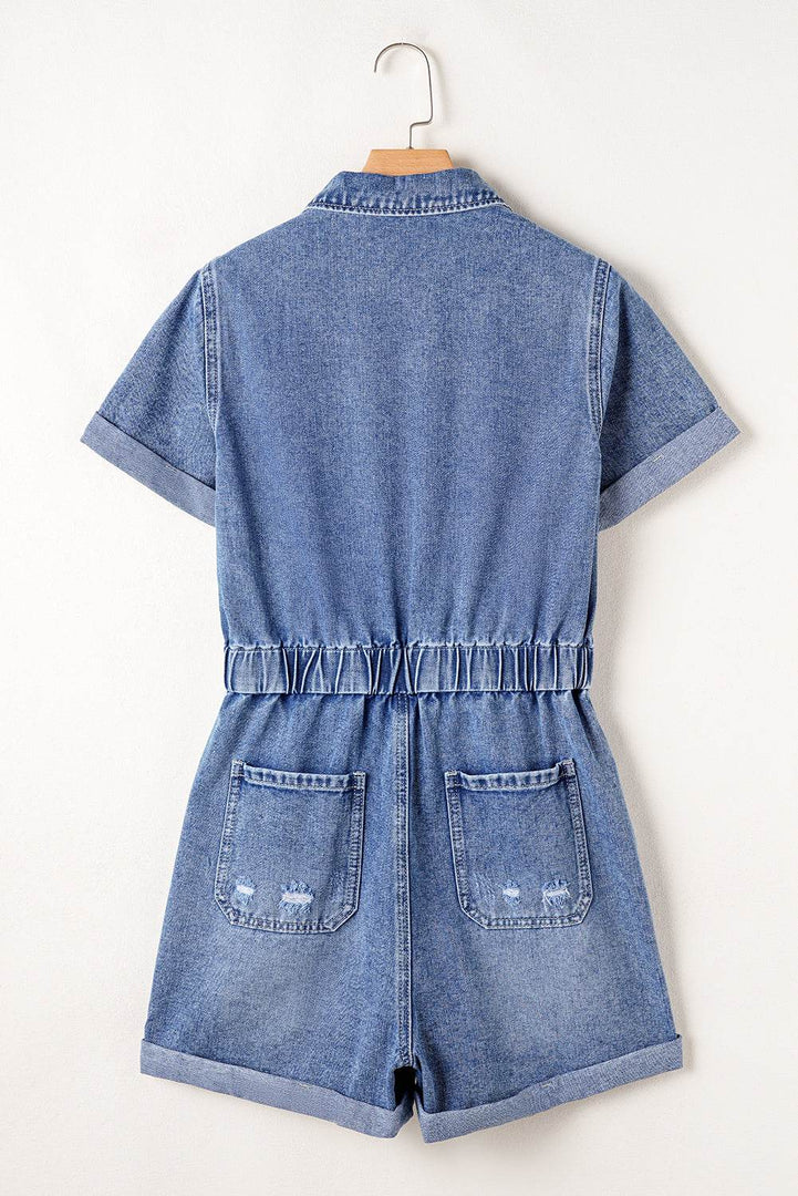 Dusk Blue Chest Pocket Front Buttoned Folded Edge Denim Short Sleeve Romper - Fashion Queen -  5