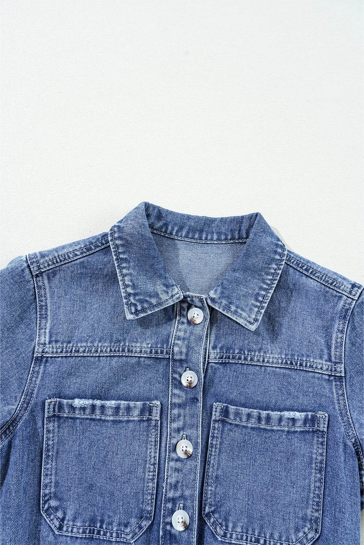 Dusk Blue Chest Pocket Front Buttoned Folded Edge Denim Short Sleeve Romper - Fashion Queen -  6