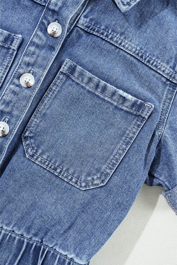 Dusk Blue Chest Pocket Front Buttoned Folded Edge Denim Short Sleeve Romper - Fashion Queen -  7