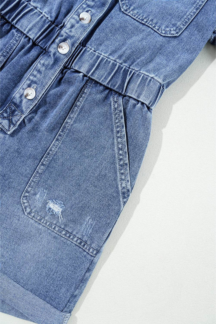 Dusk Blue Chest Pocket Front Buttoned Folded Edge Denim Short Sleeve Romper - Fashion Queen -  9