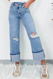Dusk Blue High Rise Asymmetric Button Zip Fly Ripped Jeans - Fashion Queen -  1