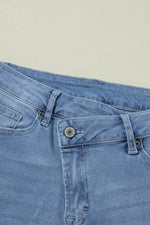 Load image into Gallery viewer, Dusk Blue High Rise Asymmetric Button Zip Fly Ripped Jeans - Fashion Queen -  12
