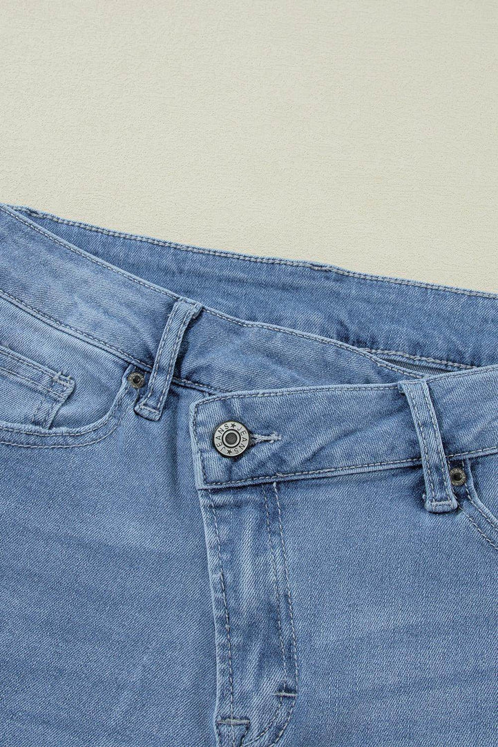 Dusk Blue High Rise Asymmetric Button Zip Fly Ripped Jeans - Fashion Queen -  12