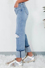 Load image into Gallery viewer, Dusk Blue High Rise Asymmetric Button Zip Fly Ripped Jeans - Fashion Queen -  2
