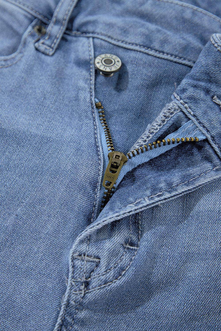 Dusk Blue High Rise Asymmetric Button Zip Fly Ripped Jeans - Fashion Queen -  7