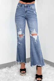Dusk Blue High Rise Ripped Distressed Hem Flared Jeans - Fashion Queen -  1