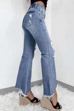 Load image into Gallery viewer, Dusk Blue High Rise Ripped Distressed Hem Flared Jeans - Fashion Queen -  2
