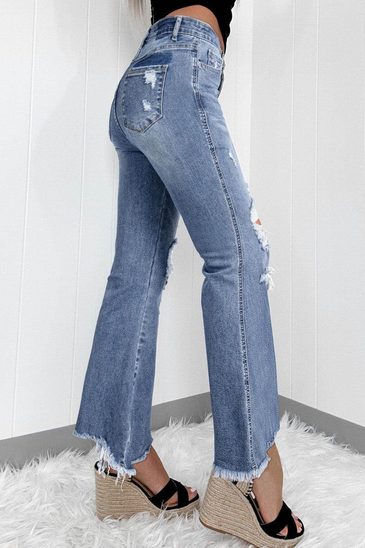 Dusk Blue High Rise Ripped Distressed Hem Flared Jeans - Fashion Queen -  2