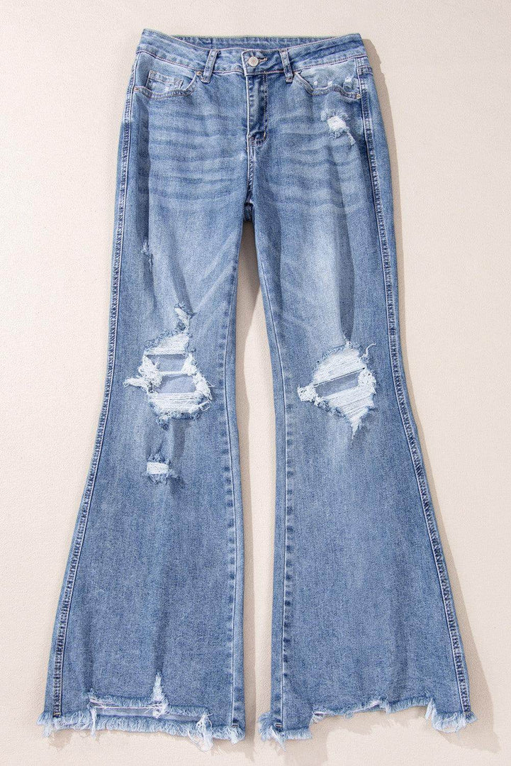 Dusk Blue High Rise Ripped Distressed Hem Flared Jeans - Fashion Queen -  3