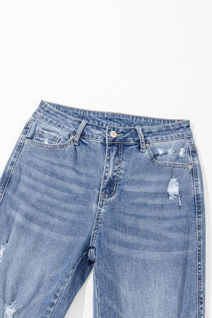 Dusk Blue High Rise Ripped Distressed Hem Flared Jeans - Fashion Queen -  5
