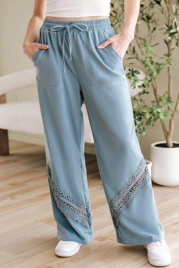 Dusk Blue Lace Crochet Patched Lace-up High Waist Wide Leg Pants - Fashion Queen -  1