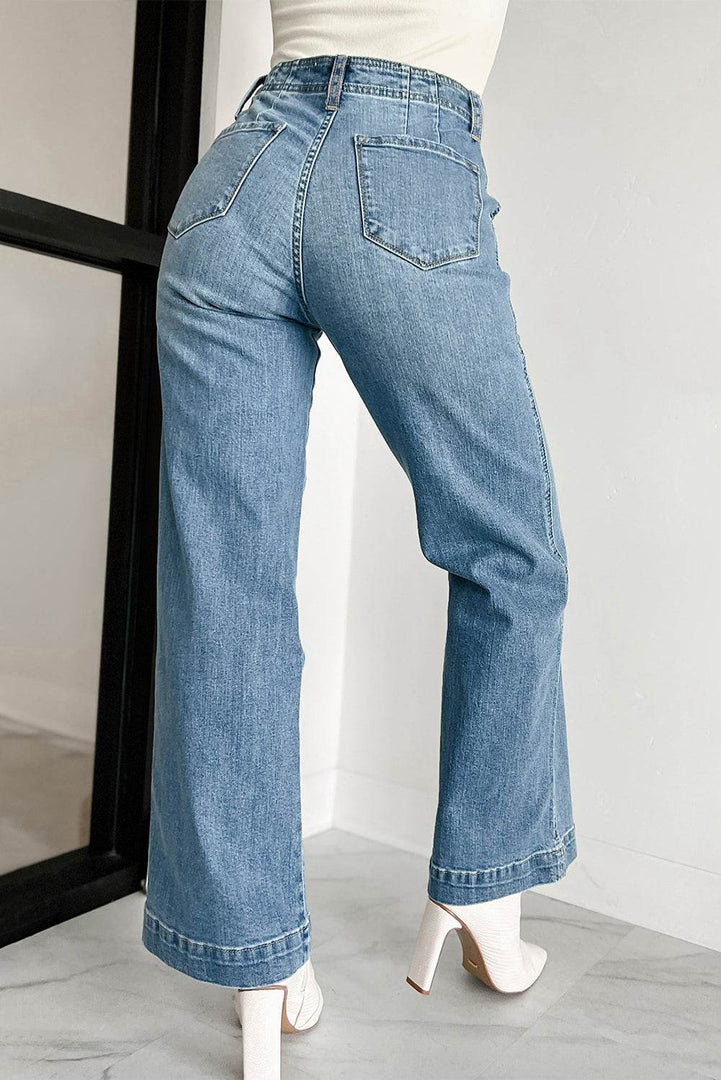 Dusk Blue Multi Buttons Medium Wash Straight Loose Leg Jeans - Fashion Queen -  2
