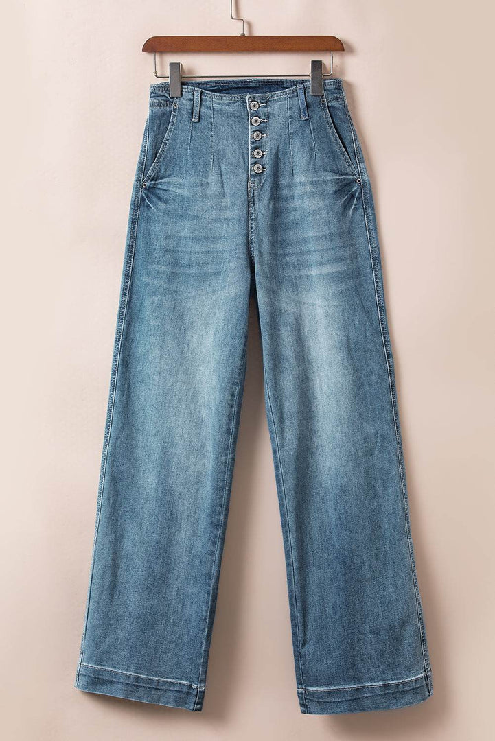 Dusk Blue Multi Buttons Medium Wash Straight Loose Leg Jeans - Fashion Queen -  5
