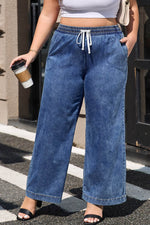 Load image into Gallery viewer, Dusk Blue Plus Size Drawstring High Waist Straight Leg Jeans - Fashion Queen -  1
