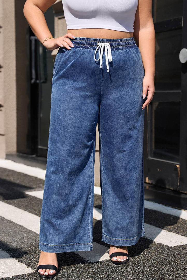 Dusk Blue Plus Size Drawstring High Waist Straight Leg Jeans - Fashion Queen -  3