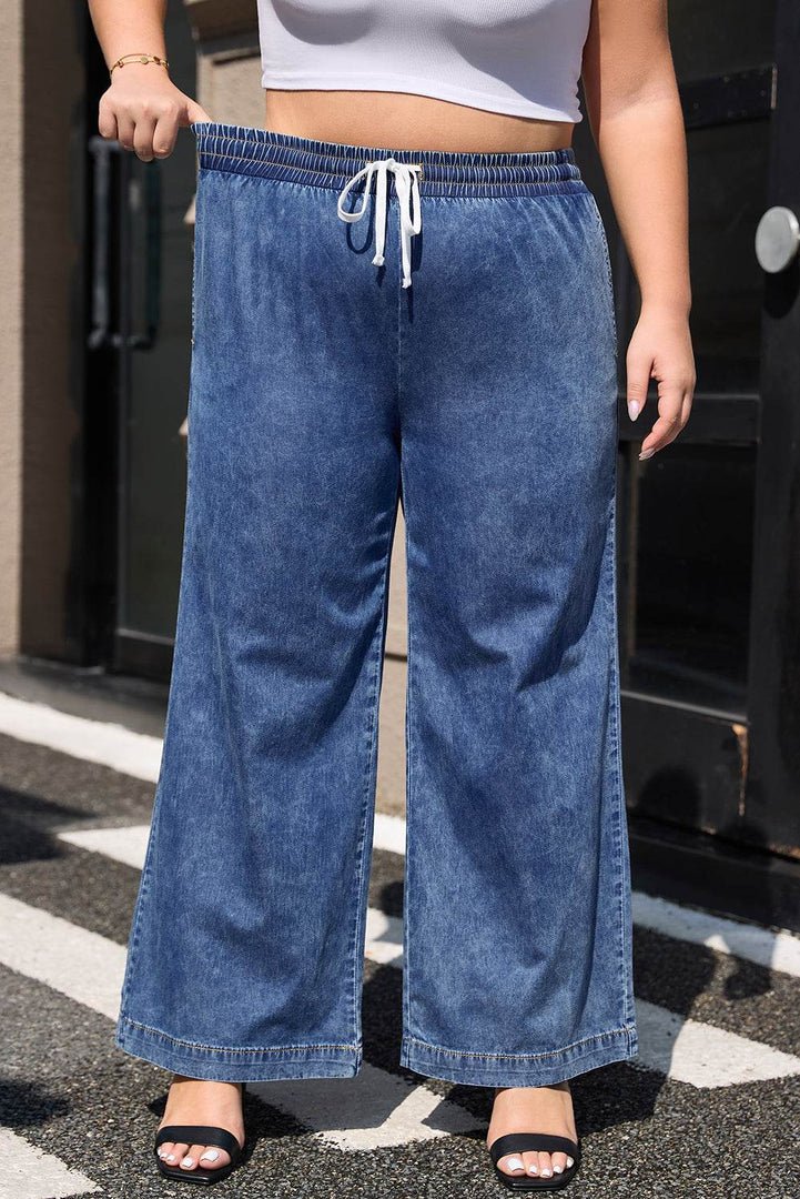 Dusk Blue Plus Size Drawstring High Waist Straight Leg Jeans - Fashion Queen -  4