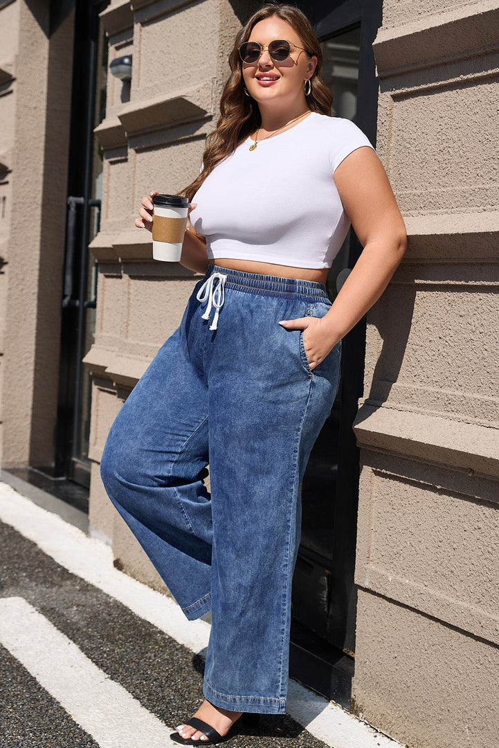 Dusk Blue Plus Size Drawstring High Waist Straight Leg Jeans - Fashion Queen -  6