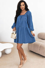 Load image into Gallery viewer, Dusk Blue Square Neck Side Pockets Loose Fit Denim Mini Dress - Fashion Queen -  11
