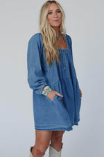 Load image into Gallery viewer, Dusk Blue Square Neck Side Pockets Loose Fit Denim Mini Dress - Fashion Queen -  14
