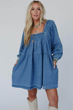 Load image into Gallery viewer, Dusk Blue Square Neck Side Pockets Loose Fit Denim Mini Dress - Fashion Queen -  16
