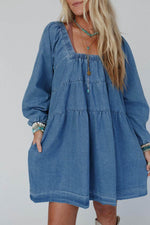 Load image into Gallery viewer, Dusk Blue Square Neck Side Pockets Loose Fit Denim Mini Dress - Fashion Queen -  17
