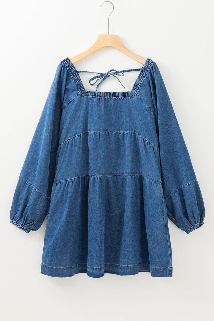 Dusk Blue Square Neck Side Pockets Loose Fit Denim Mini Dress - Fashion Queen -  18