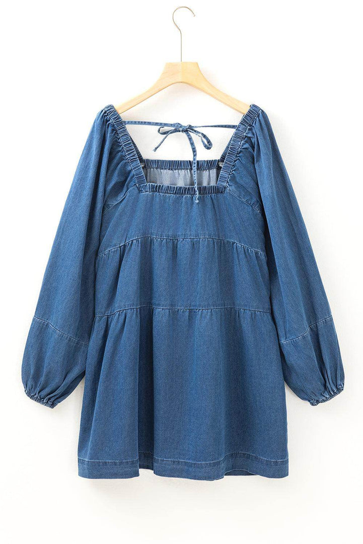 Dusk Blue Square Neck Side Pockets Loose Fit Denim Mini Dress - Fashion Queen -  19