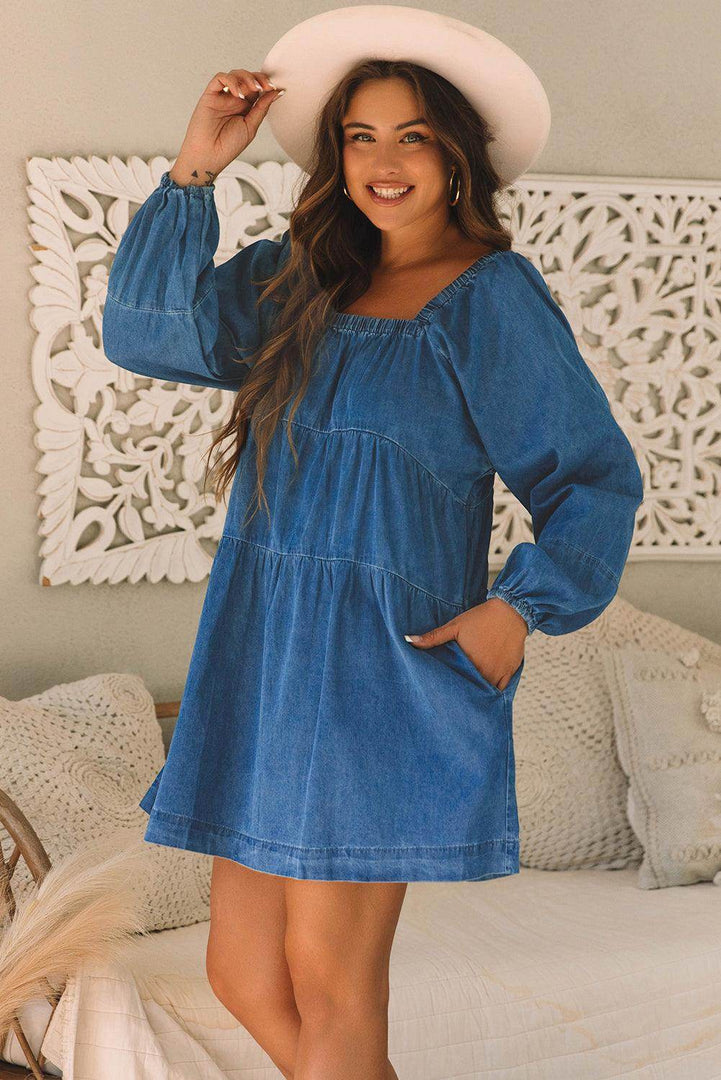 Dusk Blue Square Neck Side Pockets Loose Fit Denim Mini Dress - Fashion Queen -  3