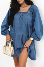 Load image into Gallery viewer, Dusk Blue Square Neck Side Pockets Loose Fit Denim Mini Dress - Fashion Queen -  7
