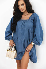 Load image into Gallery viewer, Dusk Blue Square Neck Side Pockets Loose Fit Denim Mini Dress - Fashion Queen -  9
