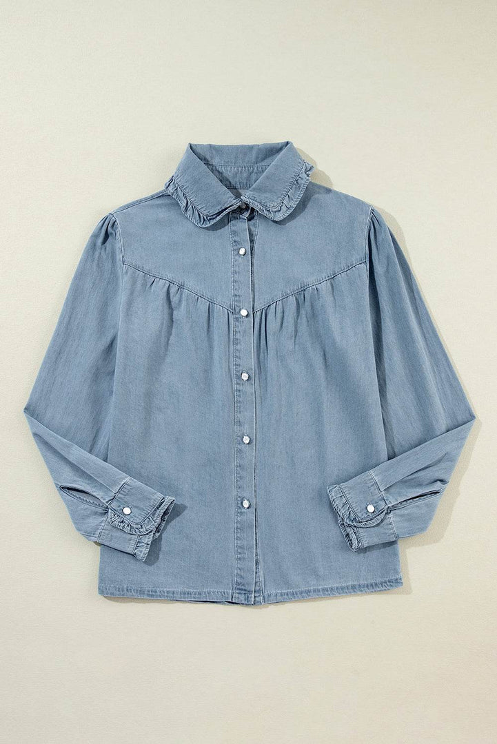 Dusk Blue Turn-down Collar Chambray Shirt - Fashion Queen -  13