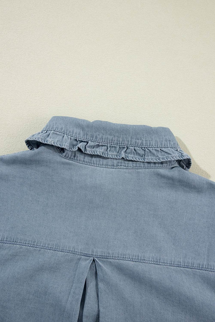 Dusk Blue Turn-down Collar Chambray Shirt - Fashion Queen -  19