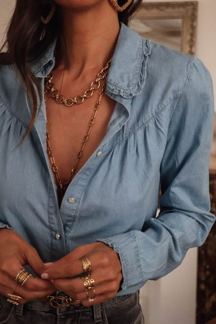 Dusk Blue Turn-down Collar Chambray Shirt - Fashion Queen -  4