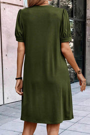 Fern Green Notched Neck Pleated Puff Sleeve Shift T-shirt Dress - Fashion Queen -  2