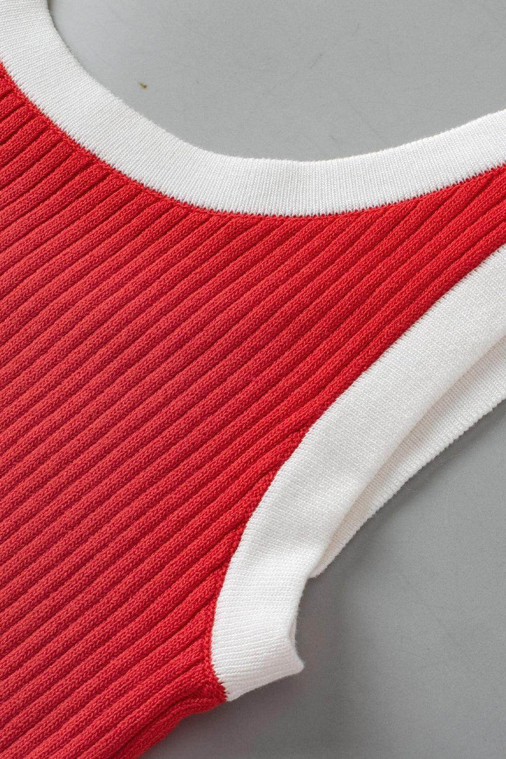 Fiery Red Colorblock Edge Ribbed Knit U Neck Tank Top - Fashion Queen -  18