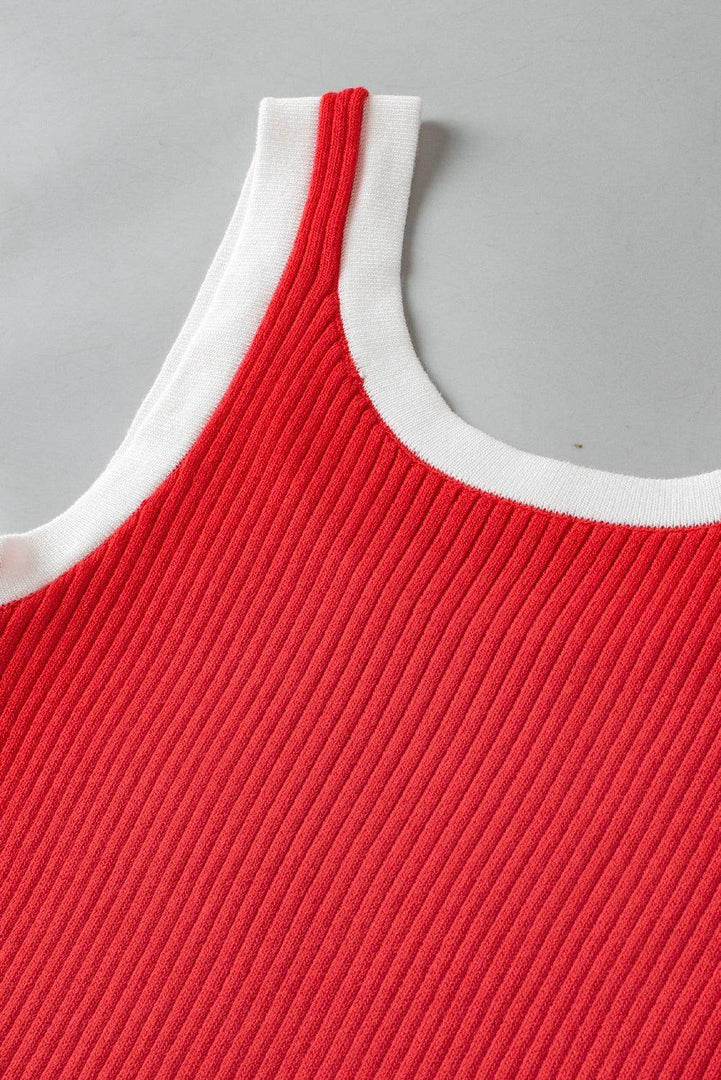 Fiery Red Colorblock Edge Ribbed Knit U Neck Tank Top - Fashion Queen -  19