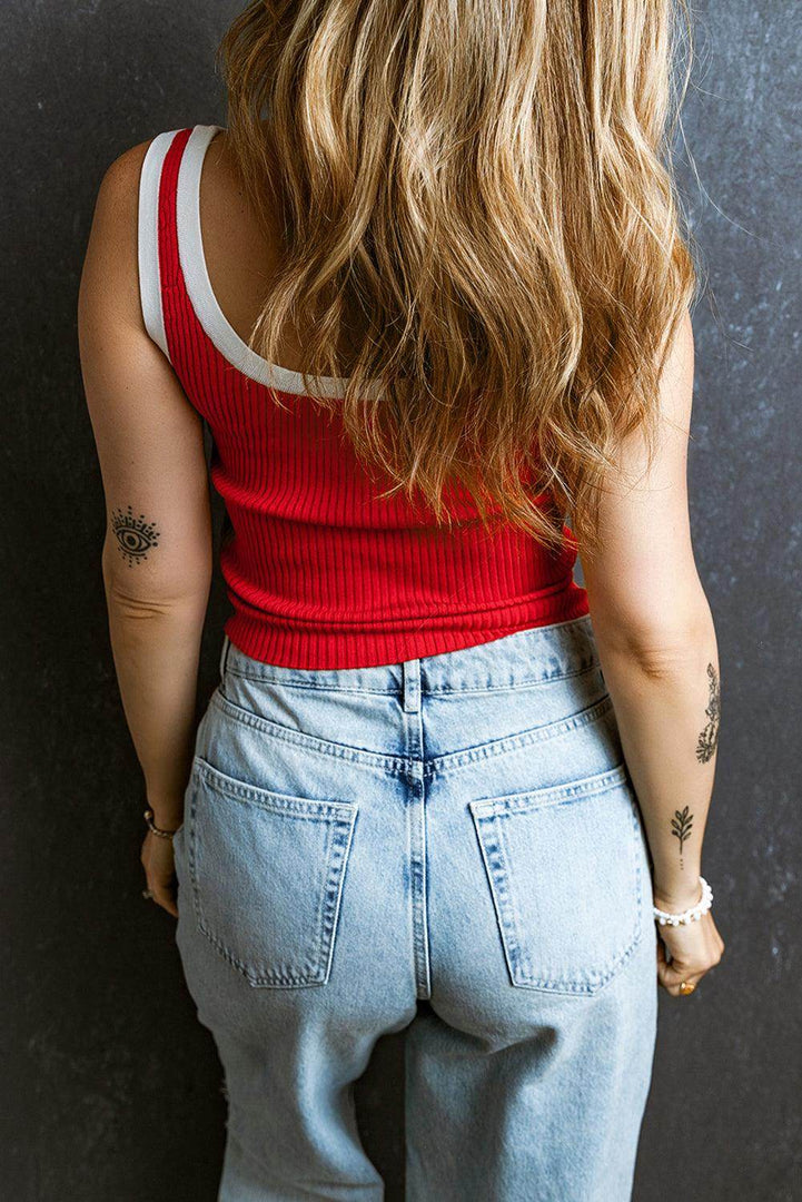 Fiery Red Colorblock Edge Ribbed Knit U Neck Tank Top - Fashion Queen -  2