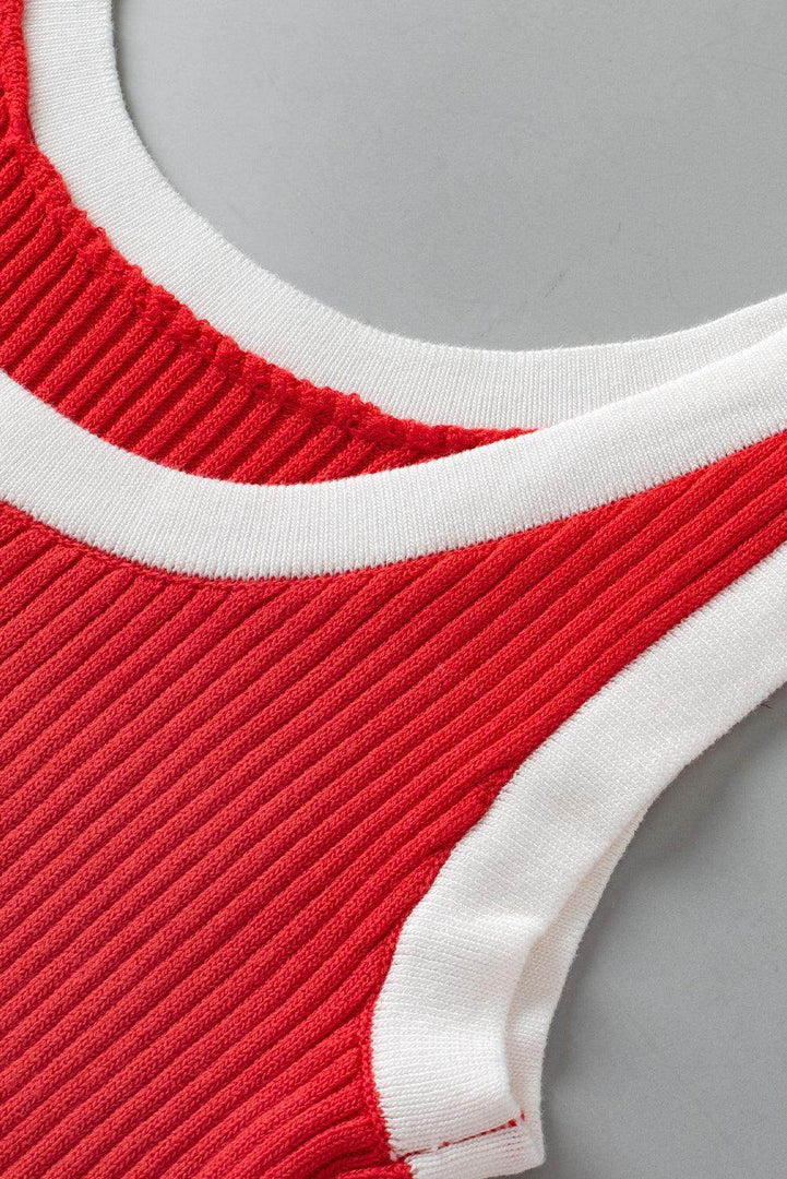 Fiery Red Colorblock Edge Ribbed Knit U Neck Tank Top - Fashion Queen -  22