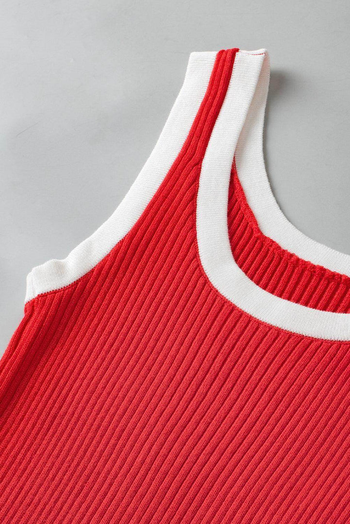 Fiery Red Colorblock Edge Ribbed Knit U Neck Tank Top - Fashion Queen -  23